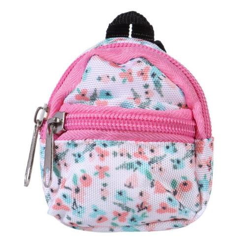 Pink and floral miniature backpack with front zipper and main zipper for mini reborn silicone piglets, pandas, hamsters, Blythe dolls, barbies, BJD dolls and other small dolls.