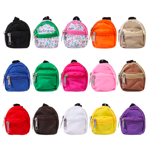 15 colorful miniature backpack schoolbags for small dolls like BJD dolls, barbies, blythe dolls, plush toys and reborn silicone piglets and hamsters.