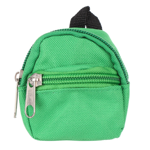 Green miniature backpack with front zipper and main zipper for mini reborn silicone piglets, pandas, hamsters, Blythe dolls, barbies, BJD dolls and other small dolls.