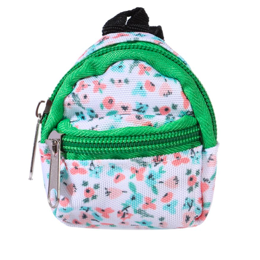 Green and floral miniature backpack with front zipper and main zipper for mini reborn silicone piglets, pandas, hamsters, Blythe dolls, barbies, BJD dolls and other small dolls.