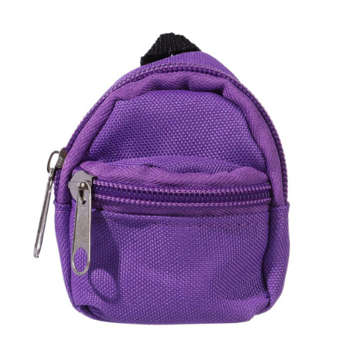 Purple miniature backpack with front zipper and main zipper for mini reborn silicone piglets, pandas, hamsters, Blythe dolls, barbies, BJD dolls and other small dolls.