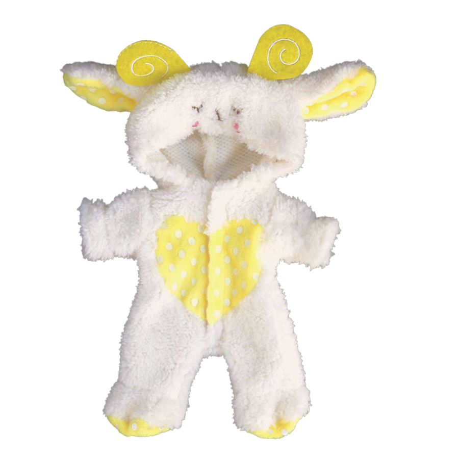 White and yellow fleece romper called The Sleepy Sheep Mini Reborn Doll Romper for 8, 9 and 10" inch reborns.