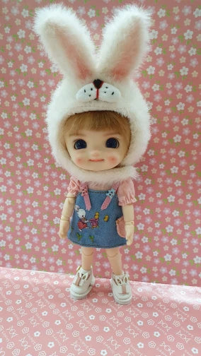 Pink and white bunny hat on a BJD doll for miniature reborn doll clothing hat for wee patience or other 9" dolls such as BJD Dolls.