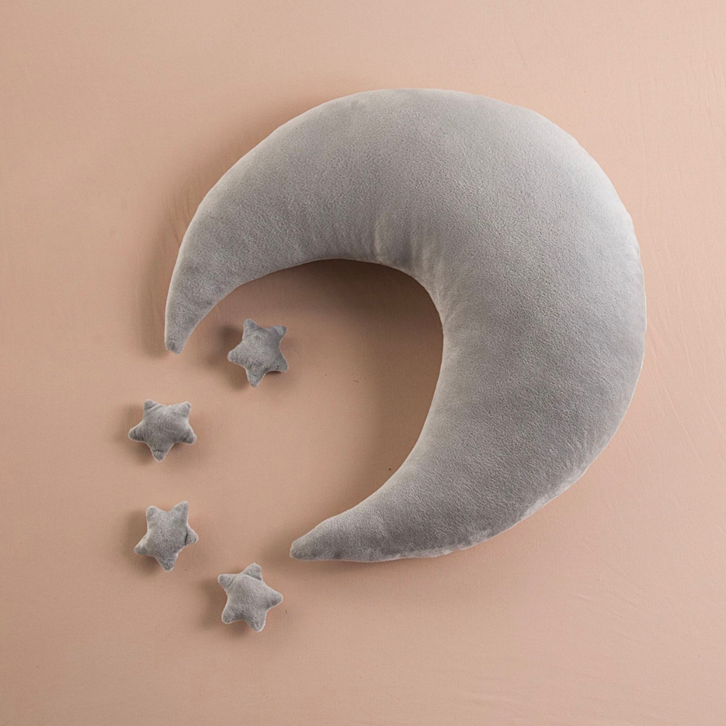 Grey flannel moon crescent photography pillow and four star pillows for newborn and reborn doll photography.