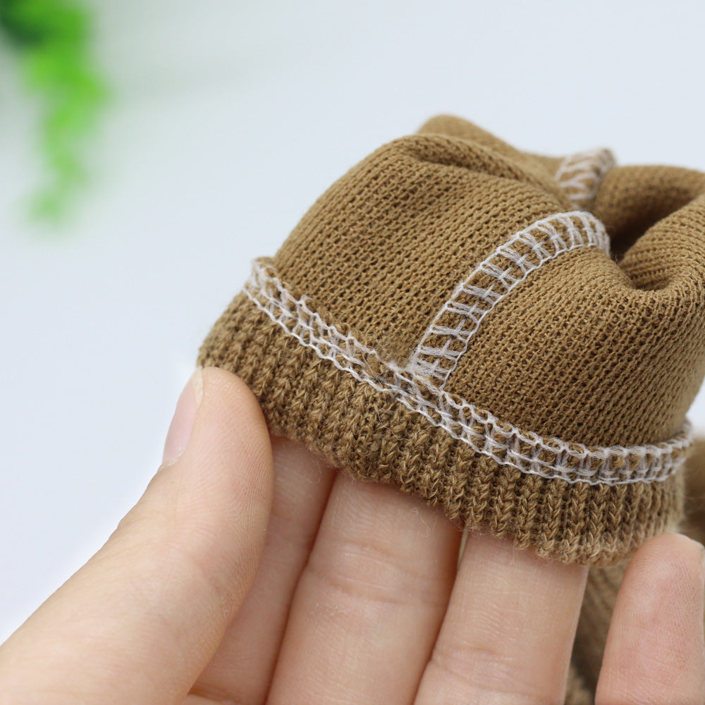 Brown ribbed cotton long-sleeve photography romper for newborn and preemie sized babies and reborn dolls with a mouse bonnet and mouse stuffie.