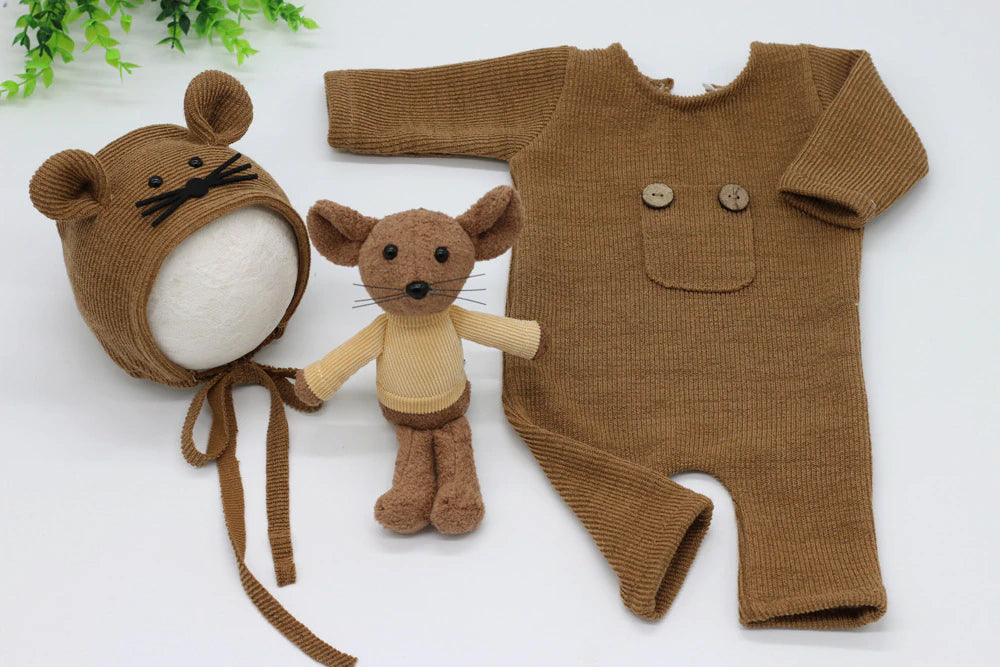 Brown ribbed cotton long-sleeve photography romper for newborn and preemie sized babies and reborn dolls with a mouse bonnet and mouse stuffie.