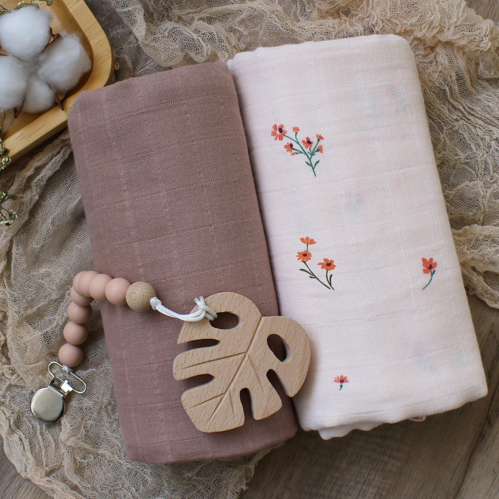 Taupe and white with orange flowers boho muslin swaddle blankets two piece set for reborn dolls, newborn photography and babies.