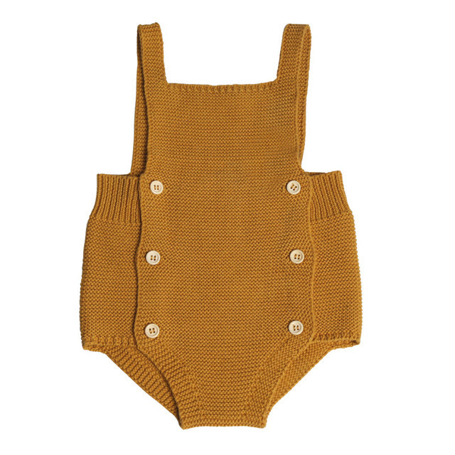 Mustard Yellow knitted overall romper onesie for baby girls and reborn dolls.