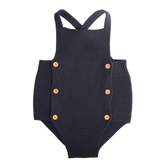 Navy Blue knitted overall romper onesie for baby girls and reborn dolls.