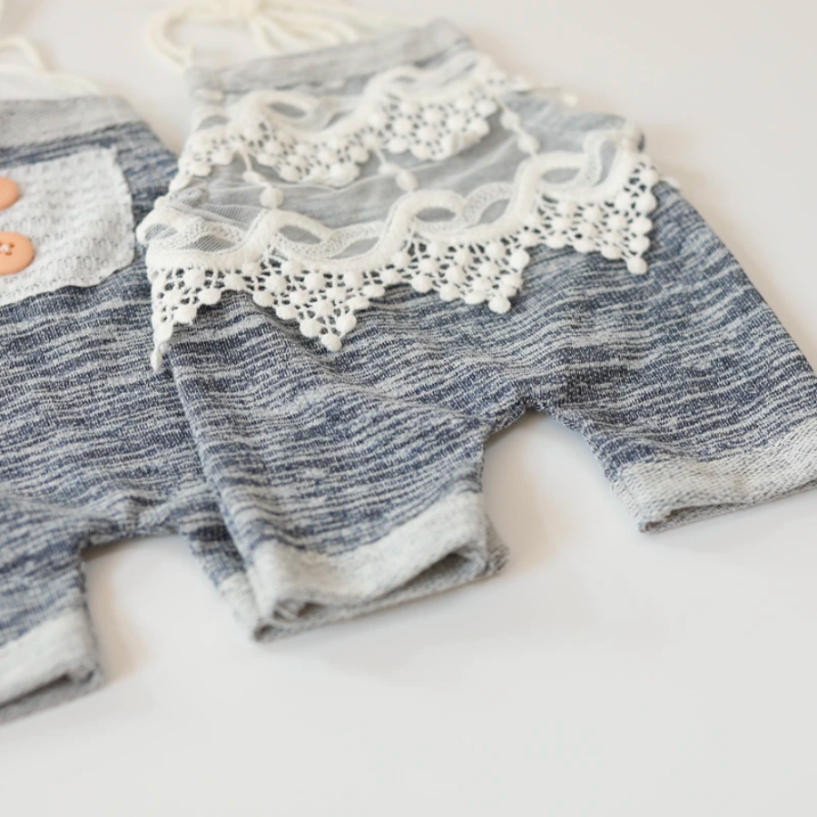 Boy and Girl overalls for newborn photography and reborn baby dolls with lace and buttons.  Grey melange.