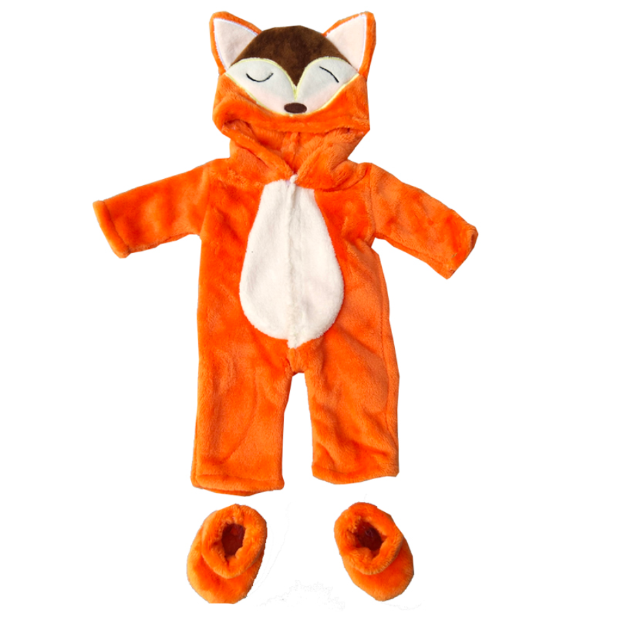 Orange zip-up hooded fox animal romper outfit costume with booties for miniature and preemie reborns, American girl dolls, Berenguer babies, Baby Alive, Baby Born, Cabbage Patch Kids, and other small reborn baby dolls.