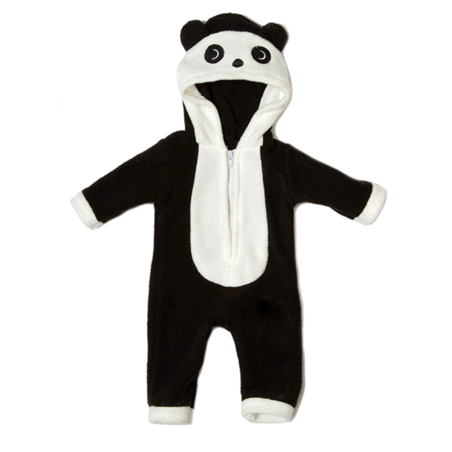 Black and white zip-up hooded panda animal romper outfit costume with booties for miniature and preemie reborns, American girl dolls, Berenguer babies, Baby Alive, Baby Born, Cabbage Patch Kids, and other small reborn baby dolls.
