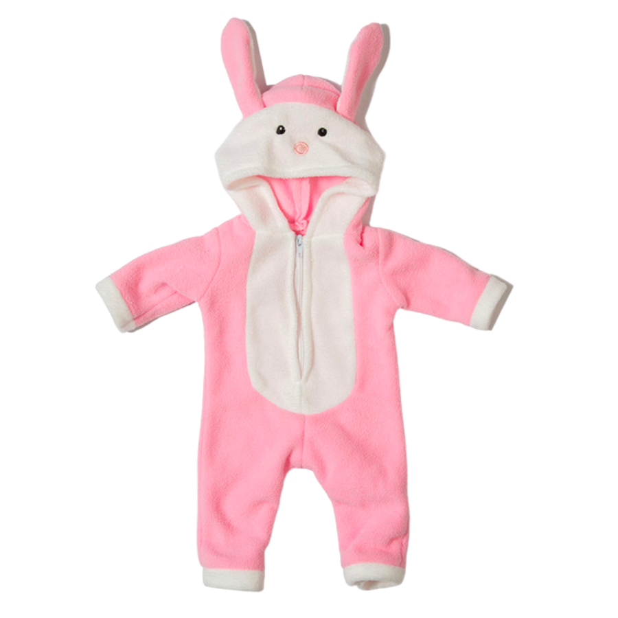 Pink and white zip-up hooded bunny rabbit animal romper outfit costume with booties for miniature and preemie reborns, American girl dolls, Berenguer babies, Baby Alive, Baby Born, Cabbage Patch Kids, and other small reborn baby dolls.