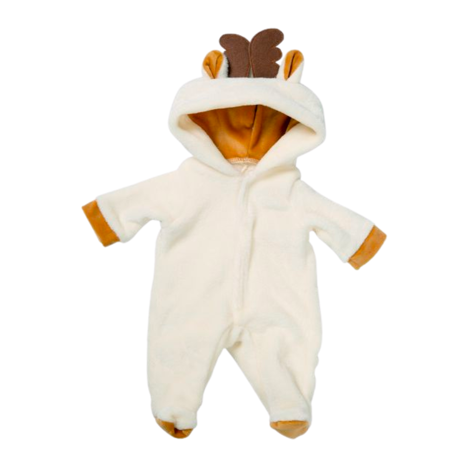 White zip-up hooded moose animal romper outfit costume with booties for miniature and preemie reborns, American girl dolls, Berenguer babies, Baby Alive, Baby Born, Cabbage Patch Kids, and other small reborn baby dolls.