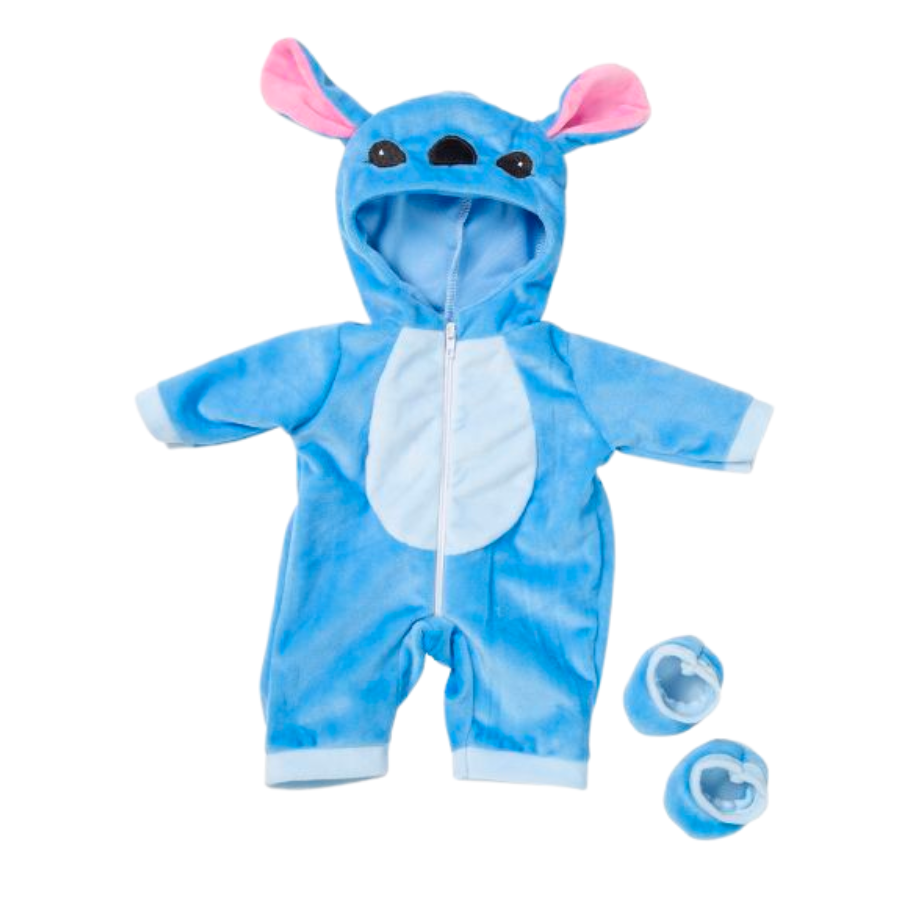 Blue zip-up hooded Disney's Stitch animal romper outfit costume with booties for miniature and preemie reborns, American girl dolls, Berenguer babies, Baby Alive, Baby Born, Cabbage Patch Kids, and other small reborn baby dolls.