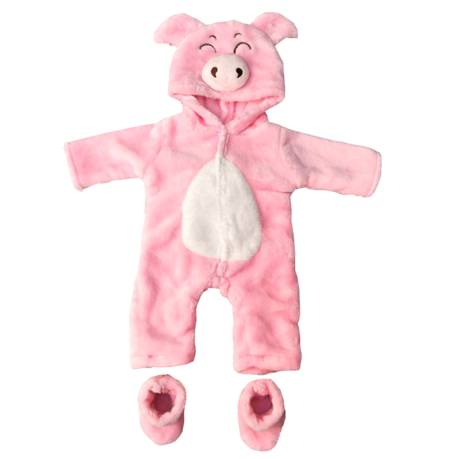 Pink zip-up hooded pig animal romper outfit costume with booties for miniature and preemie reborns, American girl dolls, Berenguer babies, Baby Alive, Baby Born, Cabbage Patch Kids, and other small reborn baby dolls.