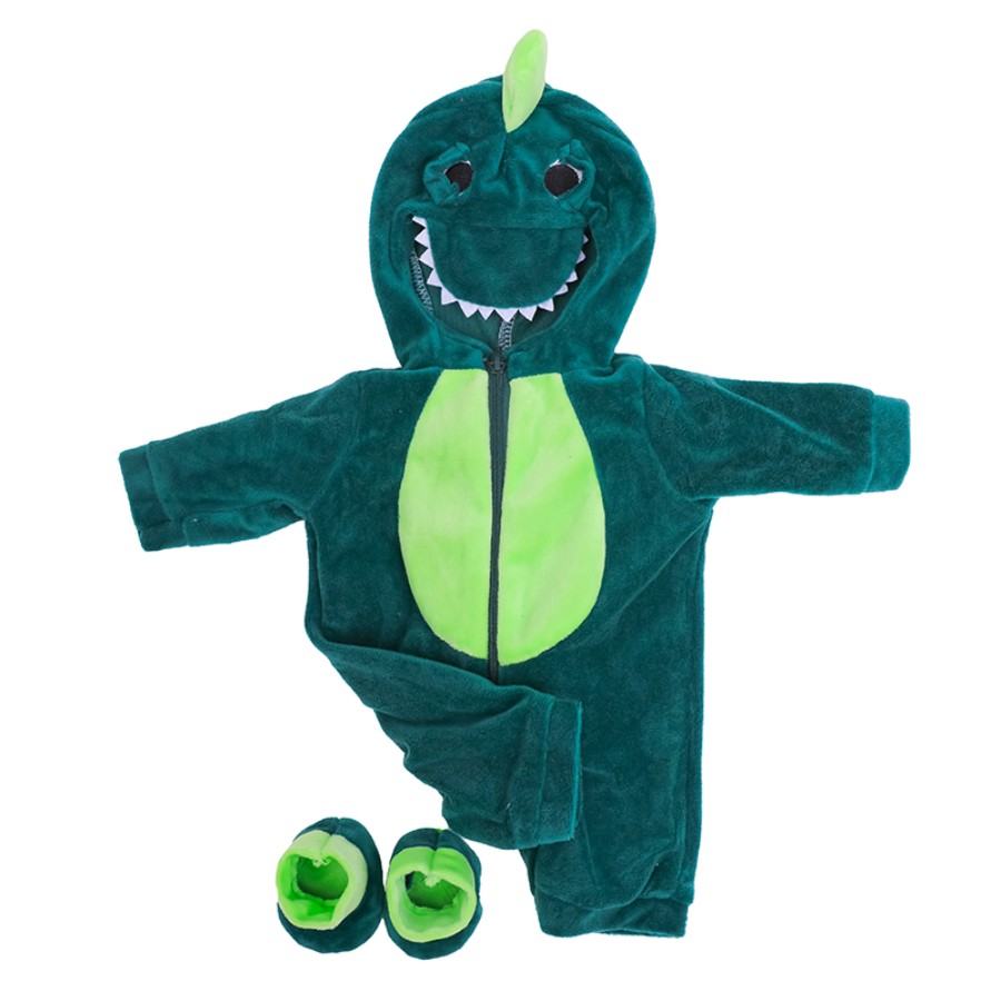 Green zip-up hooded alligator crocidile animal romper outfit costume with booties for miniature and preemie reborns, American girl dolls, Berenguer babies, Baby Alive, Baby Born, Cabbage Patch Kids, and other small reborn baby dolls.
