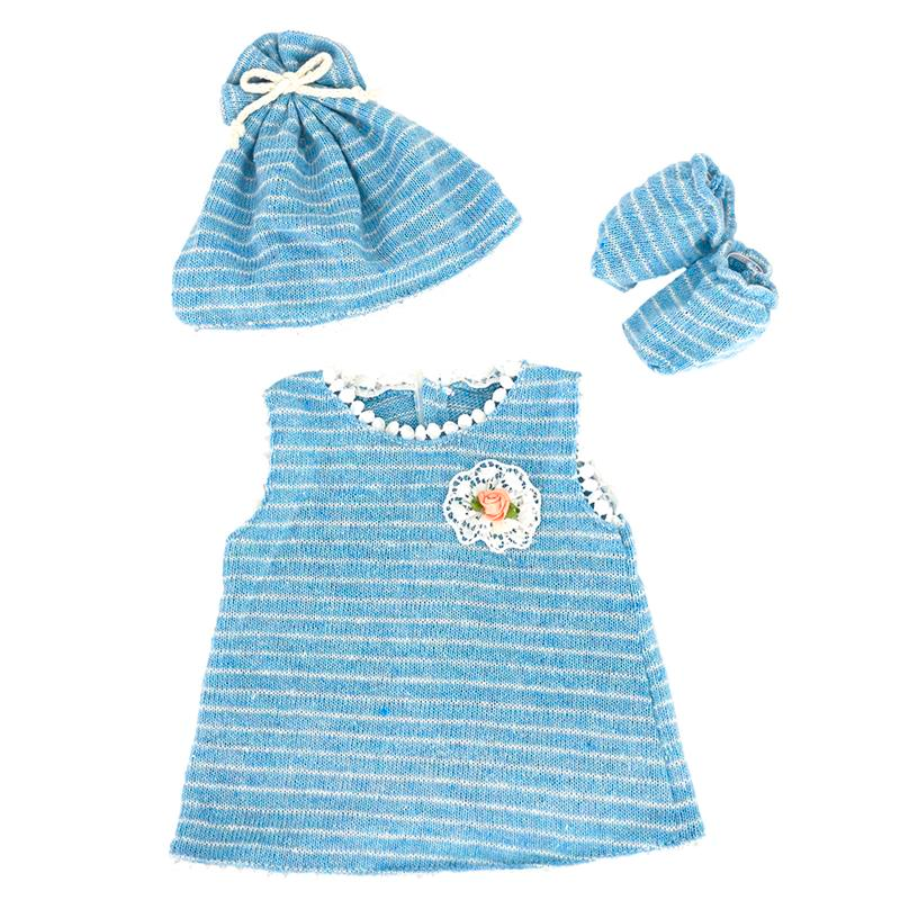 Blue and white striped 14-18" preemie dresse with Matching drawstring hat and Socks. Ideal for thinner or shorter dolls, such as Baby Borns, Baby Alives, La Newborn Berenguer Babies, Cabbage Patch Dolls, etc.