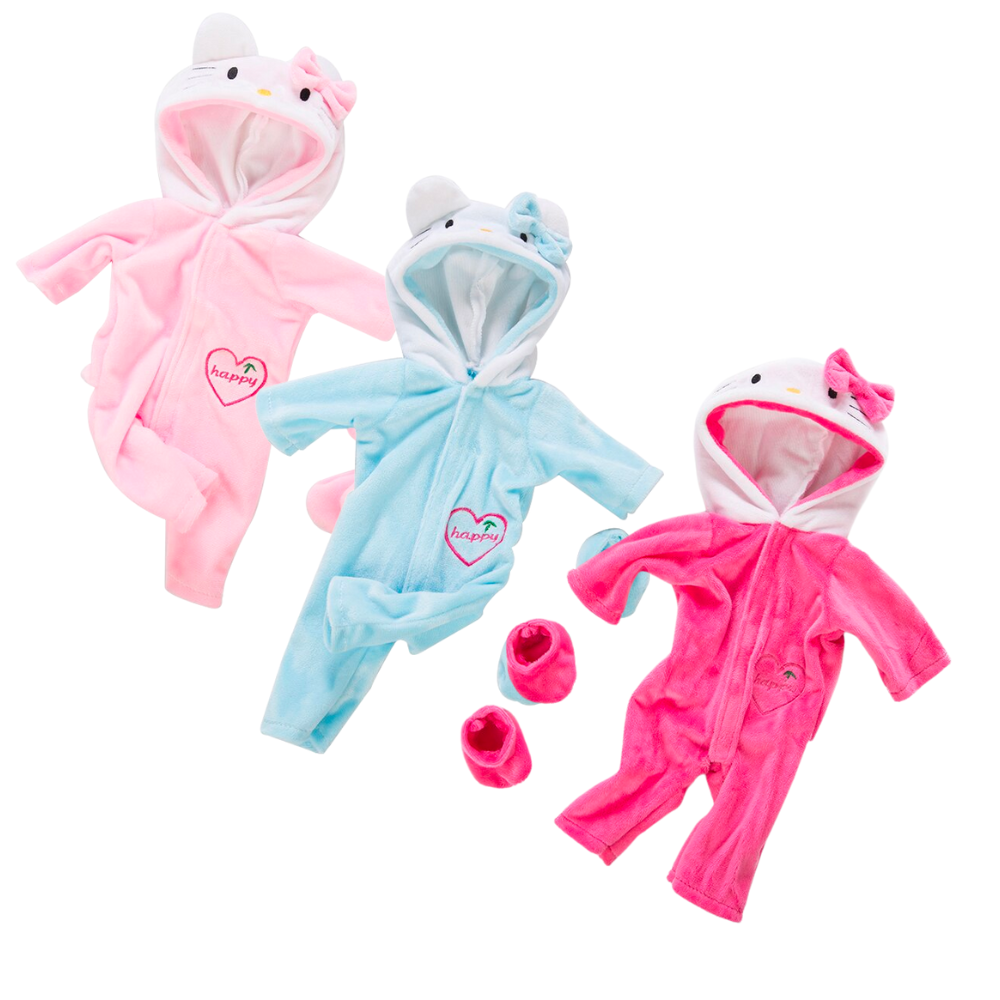 Preemie sized Hello Kitty hooded rompers with matching booties for reborn baby dolls.