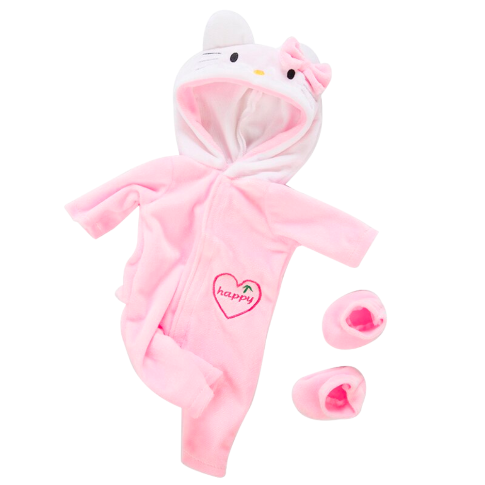 Light pink preemie sized Hello Kitty hooded romper with matching booties for reborn baby dolls.