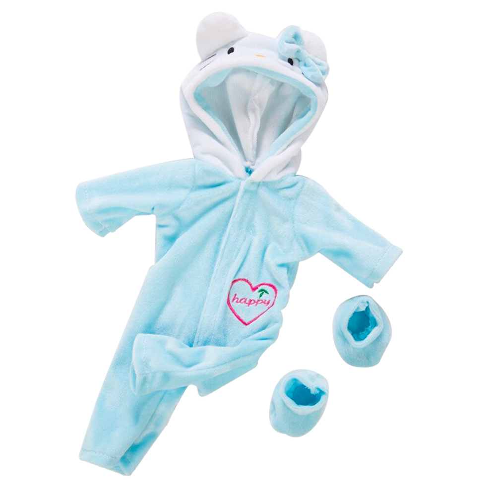 Light blue preemie sized Hello Kitty hooded romper with matching booties for reborn baby dolls.