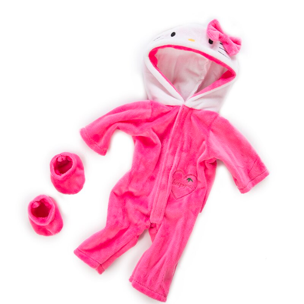 Hot Barbie pink preemie sized Hello Kitty hooded romper with matching booties for reborn baby dolls.