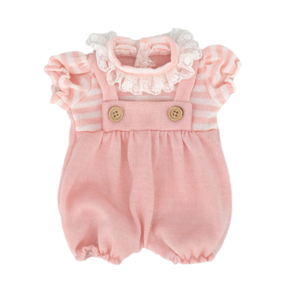 Pink Emily and Ana Spanish baby doll bubble romper with pink and white stripes and a lace collar for mini reborns, preemie reborn dolls, small dolls, american girl dolls, doll clothes, and other dolls sized 14 to 18 inches.