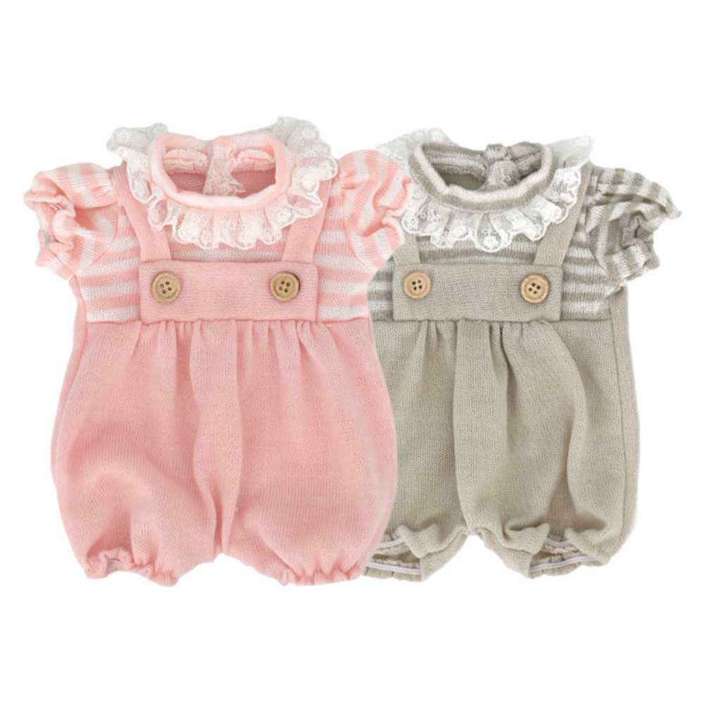 The Emily and Anna Pink and white and grey and white striped Handmade Spanish Baby Bubble Romper for Miniature and preemie reborn dolls and other small dolls sized 14" to 18" such as American Girl Dolls. Doll clothes.