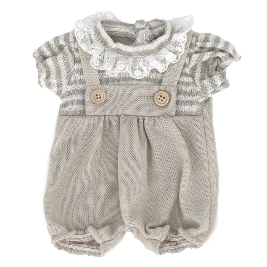 Grey Emily and Ana Spanish baby doll bubble romper with pink and white stripes and a lace collar for mini reborns, preemie reborn dolls, small dolls, american girl dolls, doll clothes, and other dolls sized 14 to 18 inches.