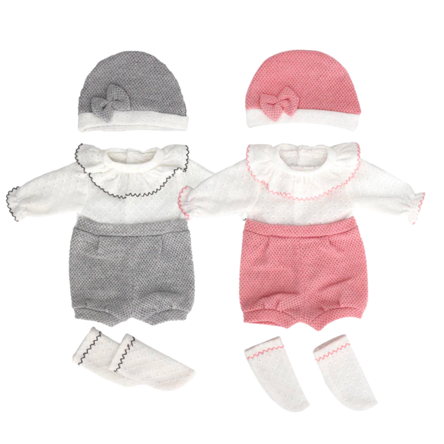 Hazel and Maeve Spanish reborn bubble romper sets with matching hats and socks, peter pan collars for miniature and preemie reborn dolls and other dolls sized 14" to 18".