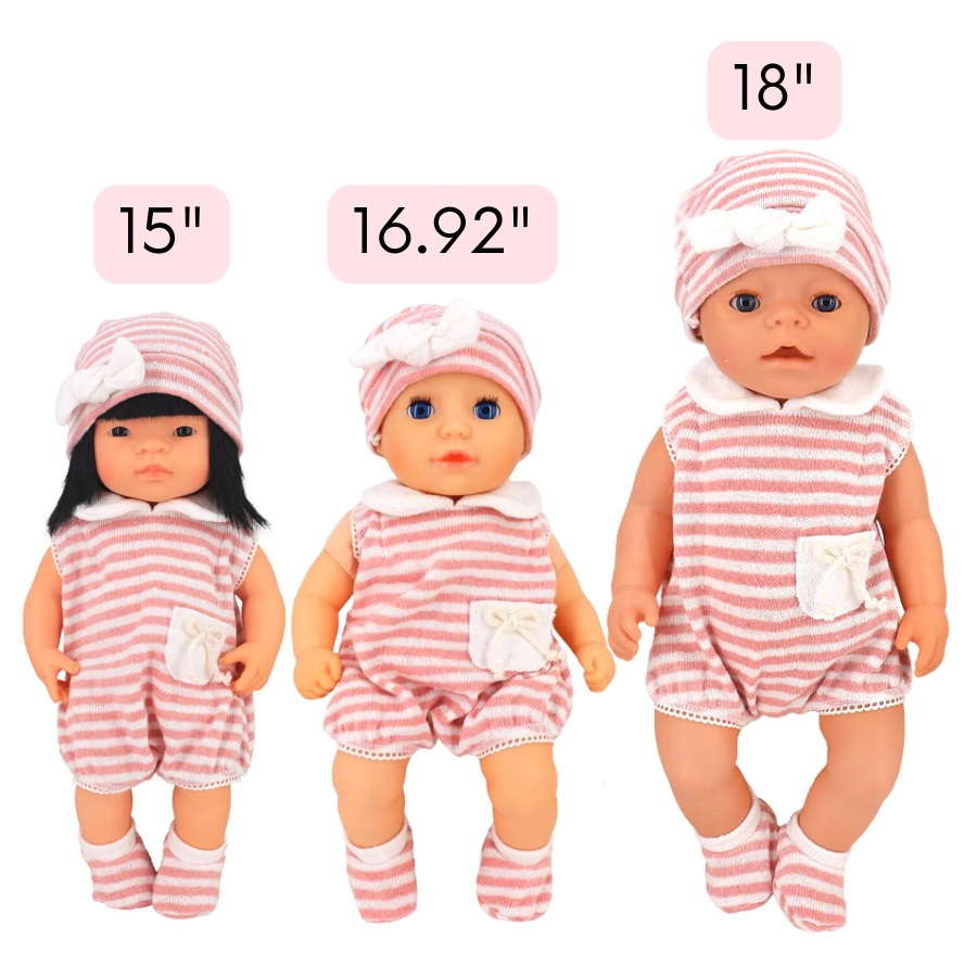 Pink and grey striped 15-18" Preemie Peter Pan Collar Spanish Bubble Rompers for Reborn dolls, Berenguer Babies, Baby Alive, Baby Born etc.