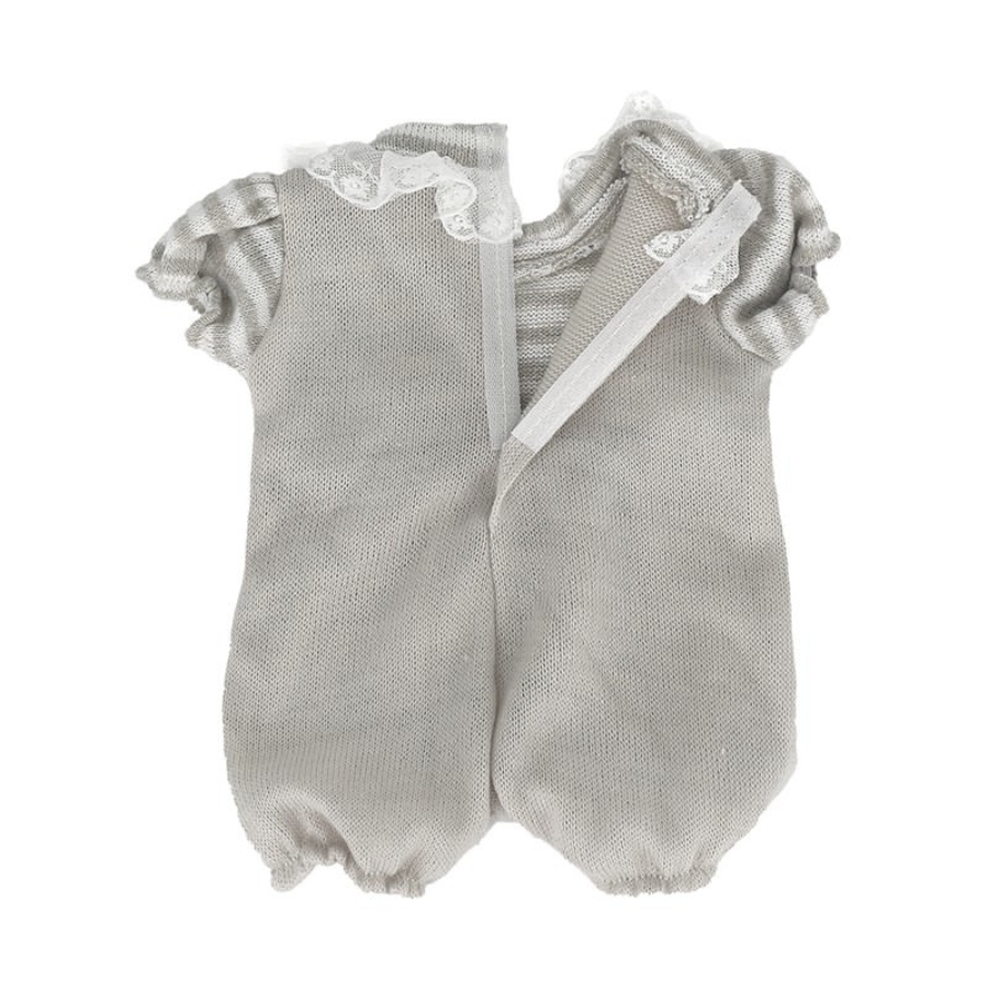 Back of a Grey and white Spanish overall bubble romper with a faux t-shirt that is grey and white striped, and faux overalls that are grey with two beige buttons on the chest and a lace trim around the neck, handmade for preemie sized reborn baby dolls.