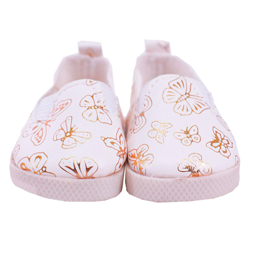 Micro mini preemie reborn doll shoes. White canvas shoes with yellow gold designs on them for American Girl Dolls, reborns and cuddle babies. Stars, Hearts, Mickey Mouse, Symbols, Butterflies, Paisley and Horses.