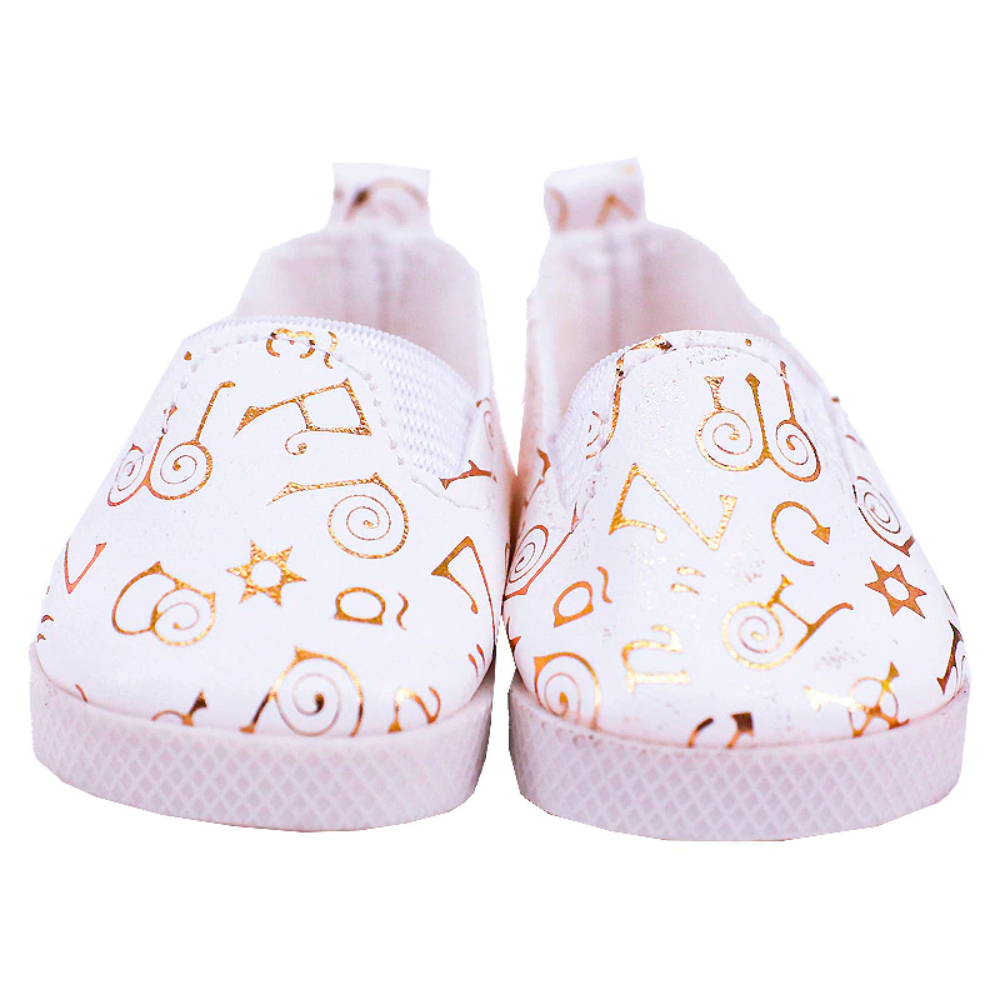 Micro Reborn and Preemie Doll White Canvas Flats with Gold Designs Reborn Dolls by Sara