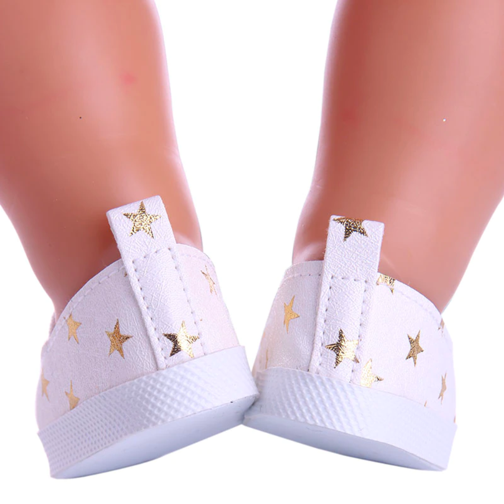 Micro mini preemie reborn doll shoes. White canvas shoes with yellow gold designs on them for American Girl Dolls, reborns and cuddle babies. Stars, Hearts, Mickey Mouse, Symbols, Butterflies, Paisley and Horses.