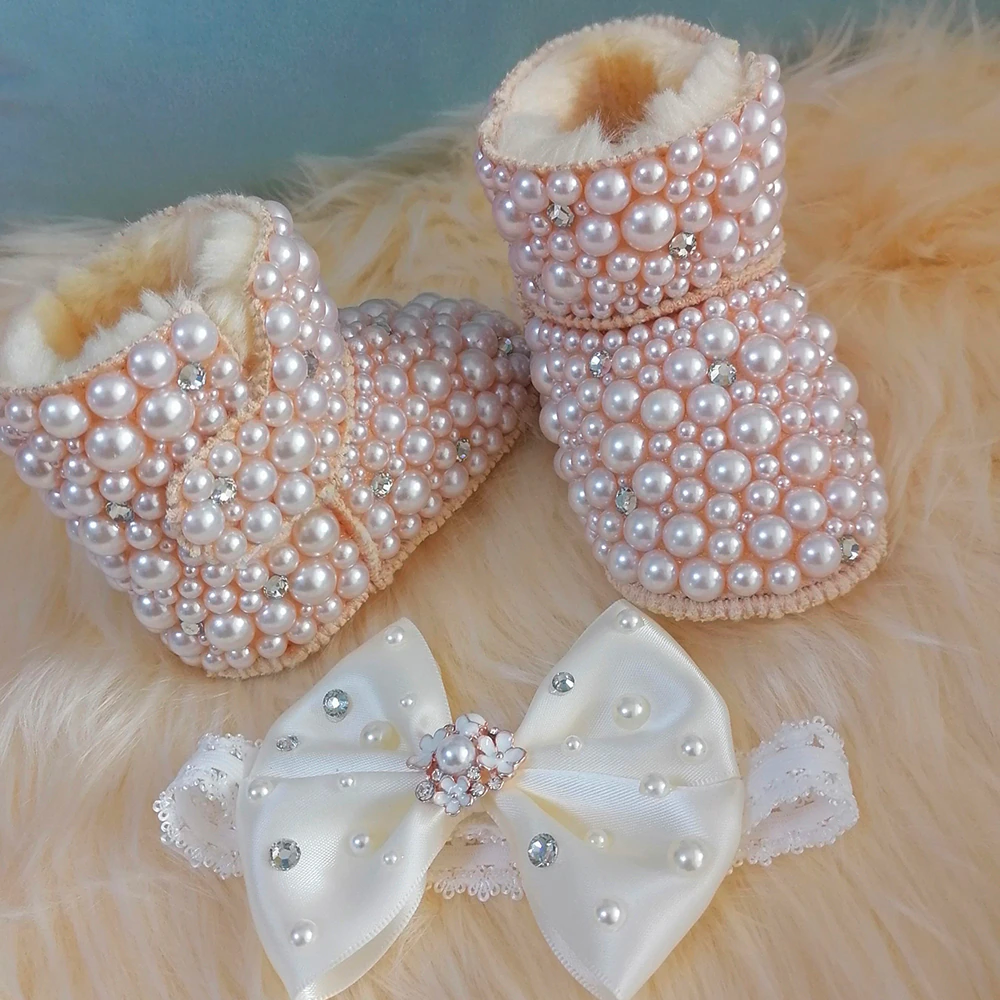 Reborn toddler baby doll and newborn faux ugg boots with pearls and matching headband. Princess rhinestone winter boots.
