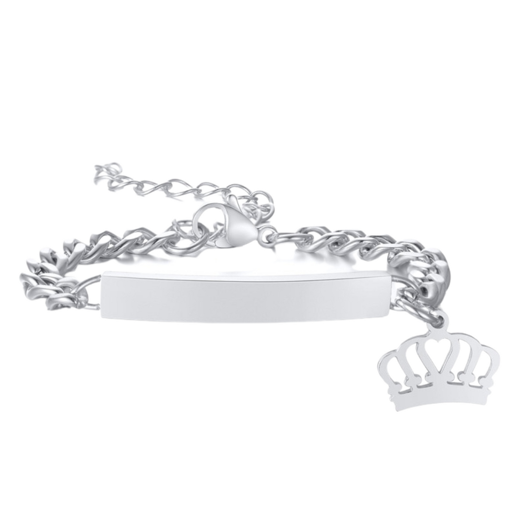Baby bracelet in silver plated stainless steel for reborn dolls with a crown charm.