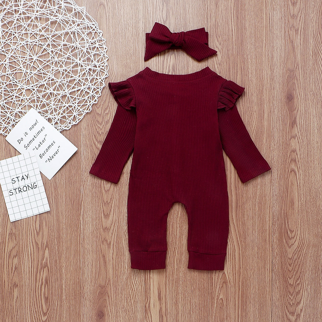 Back of burgundy boho ribbed long-sleeve jumpsuit romper with buttons, frilly shoulder sleeves and a matching headband for reborn doll clothing and baby girls.