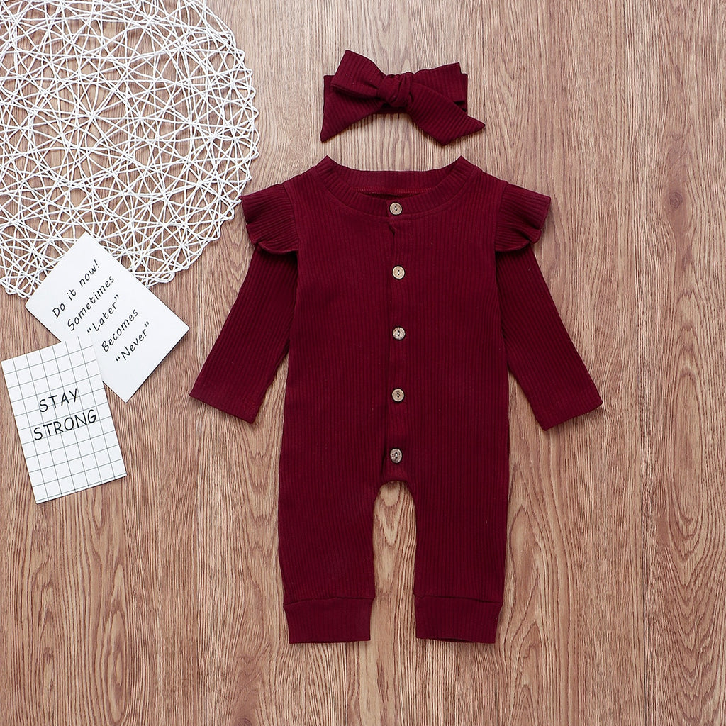 Burgundy boho ribbed long-sleeve jumpsuit romper with buttons, frilly shoulder sleeves and a matching headband for reborn doll clothing and baby girls.