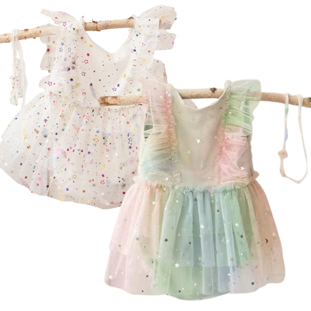 Rainbow baby dress and white tutu dress with hologram stars and matching head for newborn baby girls, newborn photography and reborn dolls.