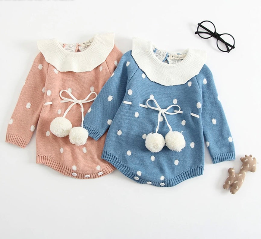 Knit bubble rompers with white peter pan collars, a drawstring around the waist with two pompoms, and buttons at the crotch and back of neck. Reborn Doll Clothes and Baby Clothing.