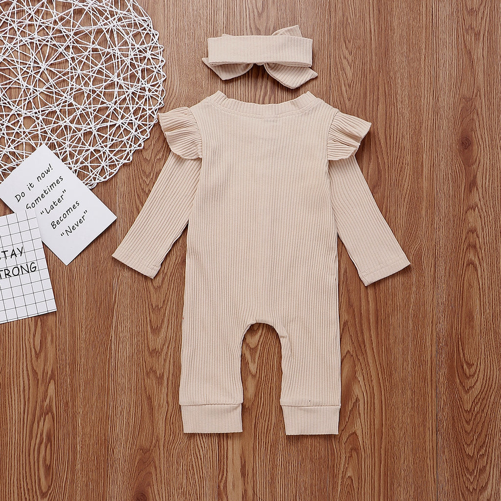 Back of oatmeal boho ribbed long-sleeve jumpsuit romper with buttons, frilly shoulder sleeves and a matching headband for reborn doll clothing and baby girls.