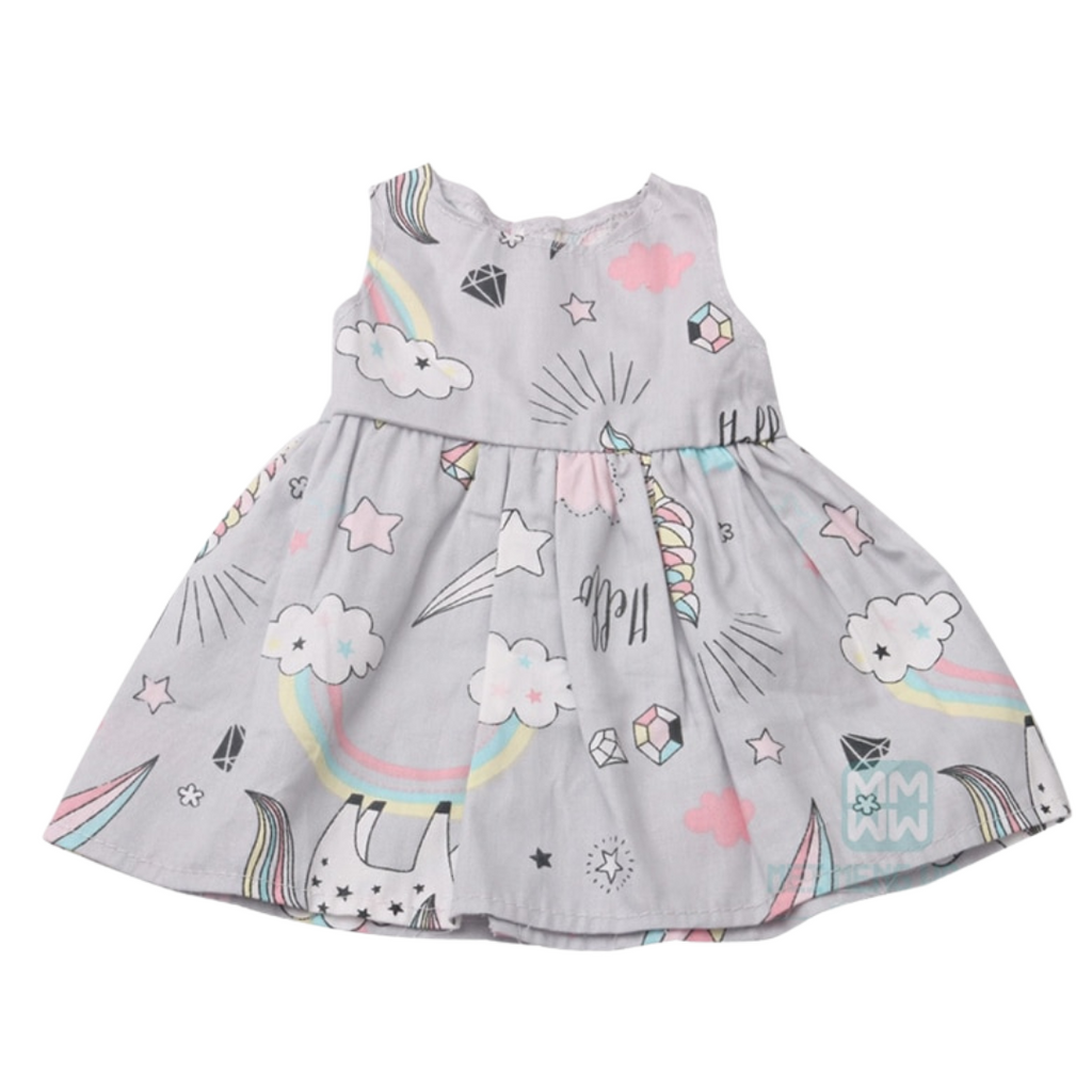 Grey Vintage Spanish baby doll dress with unicorns and rainbows for preemie reborns and small dolls such as American Girl Dolls, Cabbage Patch Kids, La Newborn Berenguer Babies, Our Generation, etc. Doll Clothes. Reborn Clothing. Dresses.