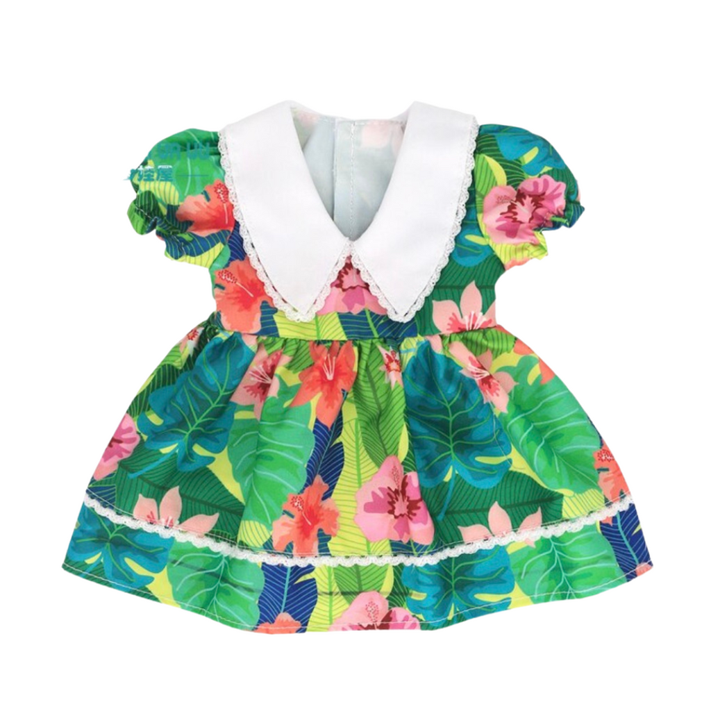 Green floral Vintage Spanish baby doll dress for preemie reborns and small dolls such as American Girl Dolls, Cabbage Patch Kids, La Newborn Berenguer Babies, Our Generation, etc. Doll Clothes. Reborn Clothing. Dresses.