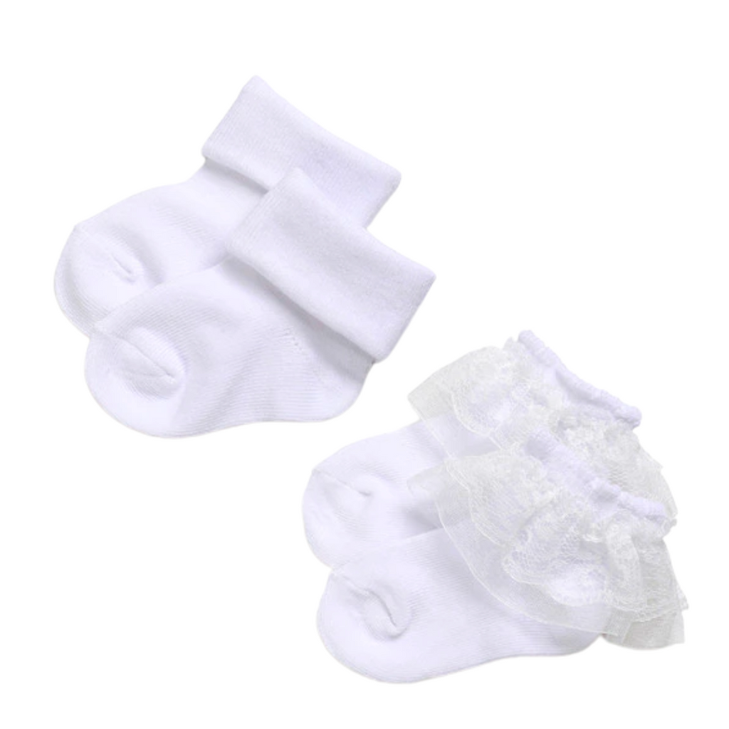 Plain white baby socks for reborn dolls and babies.  One pair has lace.