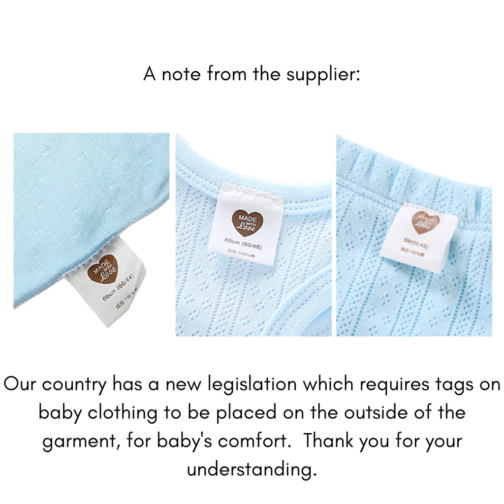 A note from supplier of summer pointelle knit leotards with tags on the outside of clothing. 
