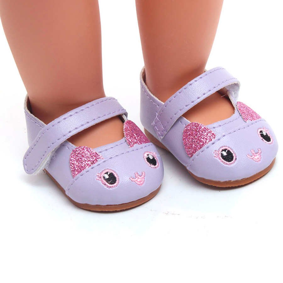 American Girl Doll wearing Purple Mary Jane Kitten reborn doll shoes for micro, mini and preemie reborn dolls. Also fits american girl dolls, berenguer babies and baby alive dolls.