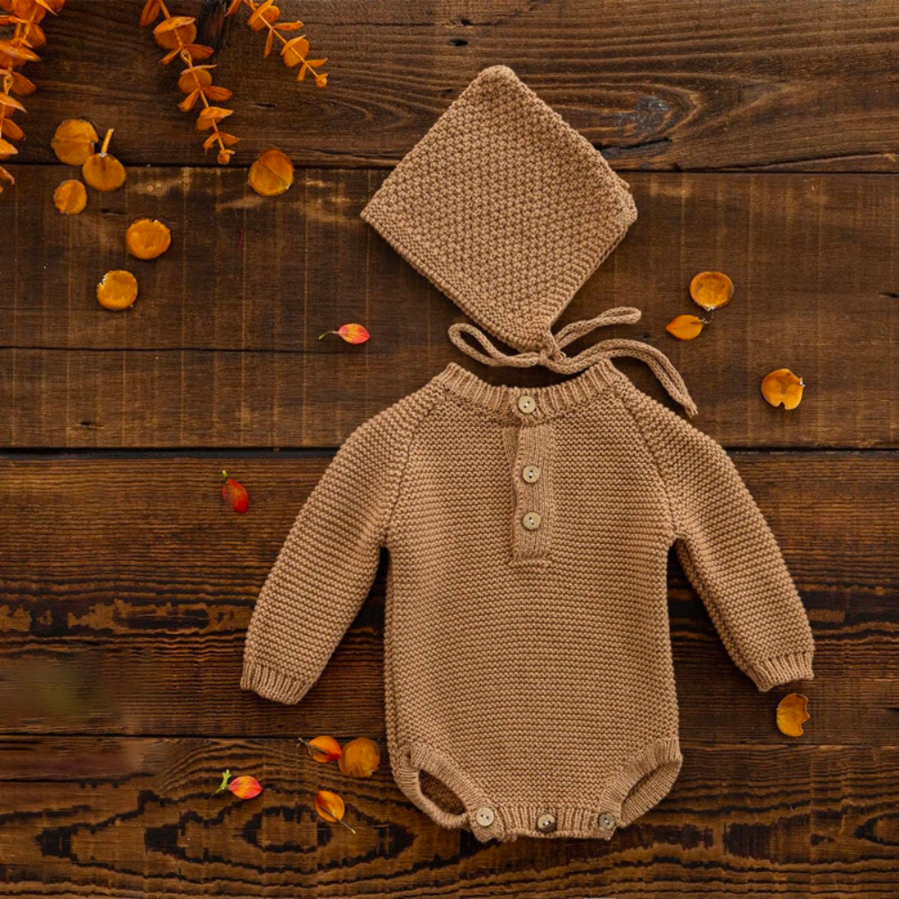 Brown long-sleeve crochet knitted baby onesie with matching pixie bonnet for reborn baby dolls and newborn photographers.