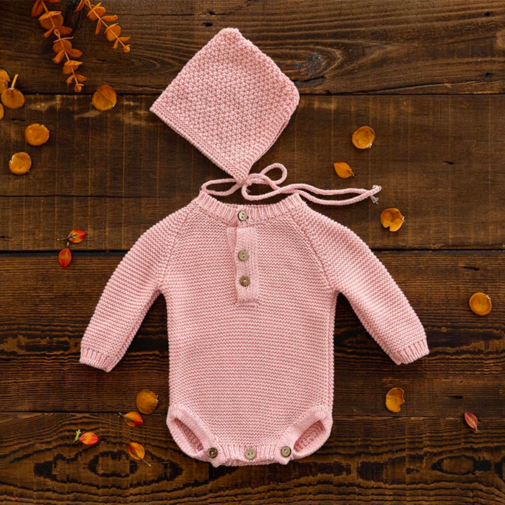 Pink long-sleeve crochet knitted baby onesie with matching pixie bonnet for reborn baby dolls and newborn photographers. Pink crochet knitted newborn baby longsleeve bodysuit onesie with pixie bonnet for reborn dolls and babies. Baby shower gift. Expectant mom mother to be gift. Crochet newborn baby bodysuit onesie pixie bonnet. Reborn clothing. Reborn Clothes.