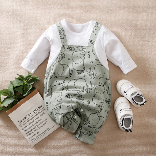 Sage green and white long-sleeve elephant romper jumpsuit faux overalls for reborn babies and newborn baby boys.